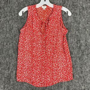 J.Crew Shirt Womens XXS‎ Red Floral Sleeveless Pleated Tie-Neck Top Cottagecore